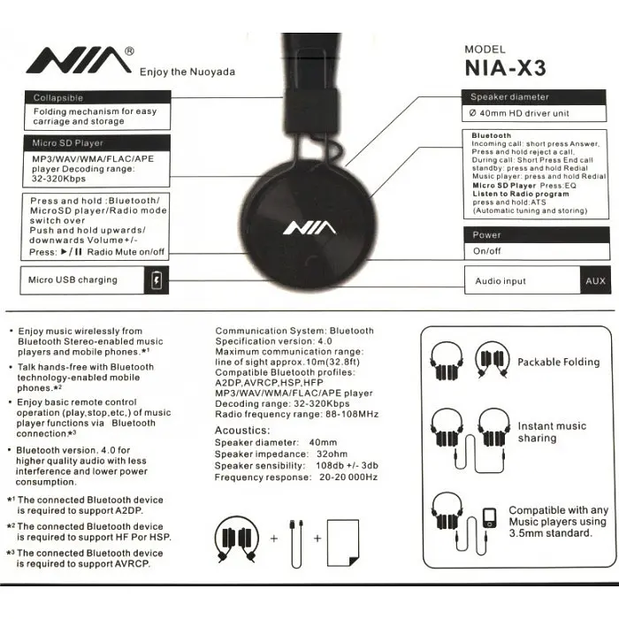 Бездротові навушники з оголов'ям чорні з MP3 плеєром Bluetooth NIA-X3 - фото 9