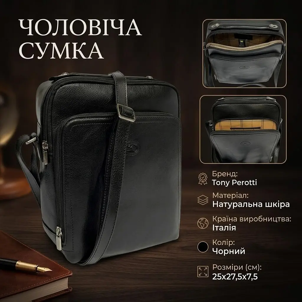 Чоловіча сумка з натуральної шкіри Tony Perotti Italico 9188 (90550) Чорна - фото 3