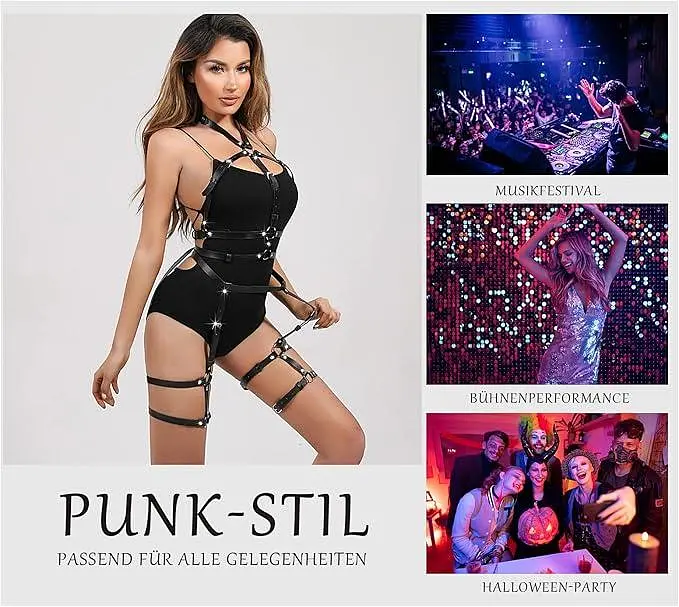BDSMYOU Punk Harness Женский кожаный секс-набор, набор для готического бондажа, регулируемый нагрудный ремень + двойной - фото 5