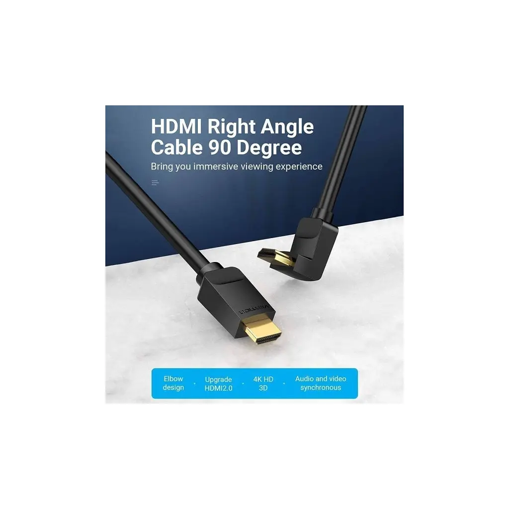 Кабель мультимедійний HDMI M to HDMI M 1.0m V2.0 4K60Hz 90° corner PVC black Vention (AARBF) - фото 4