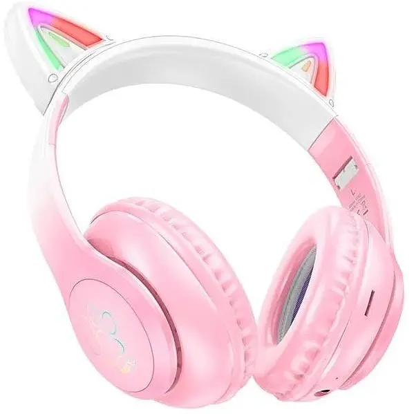 Наушники беспроводные с ушками Hoco Cat ears BT headphones W42 бело розовые - фото 3