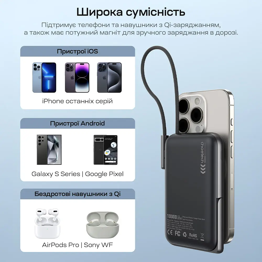 Повербанк 10000mAh Choetech B735 Black QC3.0 PD3.0 бездротова магнітна зарядка, вбудований кабель, підставка (43-00149) - фото 7