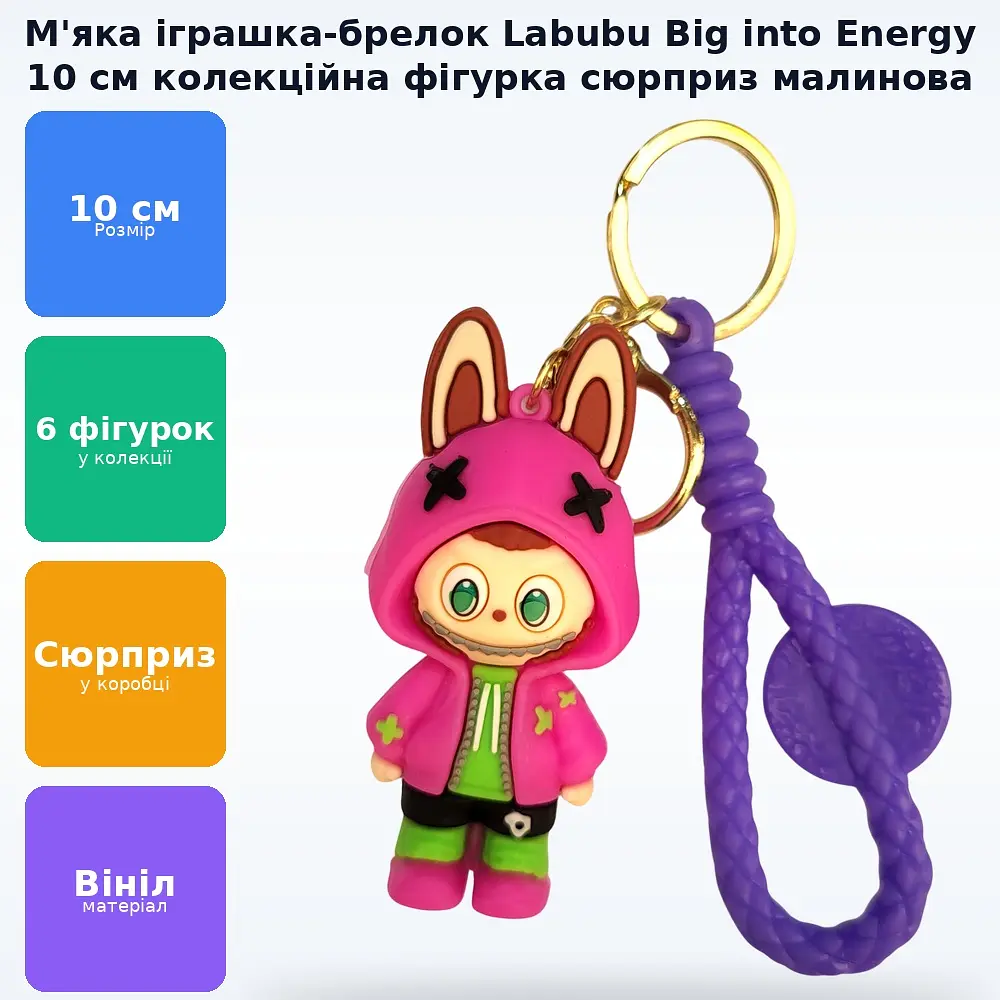 Брелок м'яка іграшка дитяча сюрприз Лабубу Labubu Big into Energy series колекція 10см малиновий - фото 2