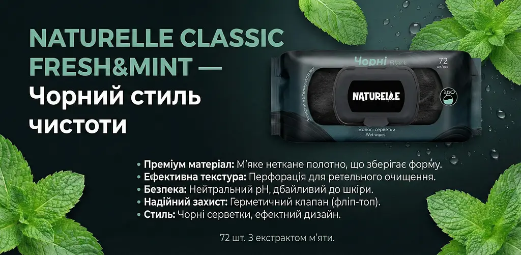 Вологі серветки універсальні Naturelle Classic Fresh&Mint 72 шт. Вологі серветки чорного кольору - фото 3
