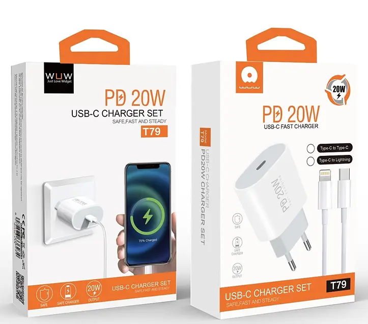 Мережевий зарядний пристрій з кабелем WUW-T79L PD 20W USB C charger with type c to lightning cable - фото 2