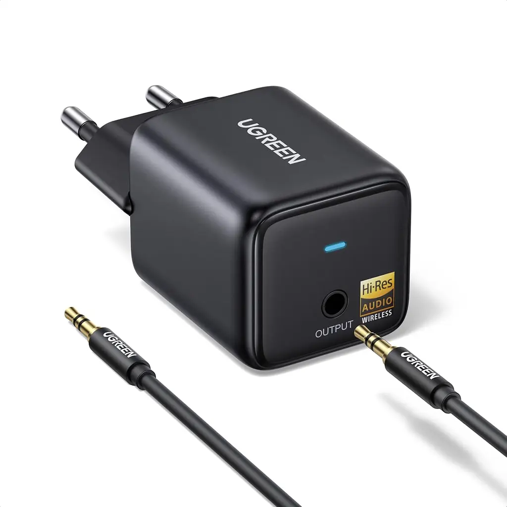 Бездротовий аудіоресивер для аудіосистеми UGREEN BT523 Bluetooth 6.0 аудіовихід 3,5 мм кодеки SBC AAC LDAC обраний кодек має підтримуватися аудіоджерелом дальність передавання 10 м без перешкод потребує живлення від розетки через вбудовану вилку перемикання відтворення між двома телефонами кабель AUX 3,5 мм ↔ 3,5 мм довжиною 1 м у комплекті чорний (65059)