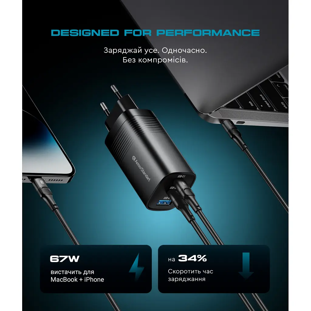 Зарядний пристрій Armorstandart 2xUSB-C + 1xUSB 67 Вт GaN чорний (ARM88384) - фото 5