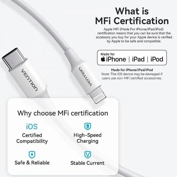 Кабель USB 2.0 Type-C M-Lightning M, 1.0 м, PD 27W, PVC, білий Vention - фото 4