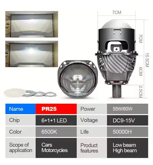 Автомобільні BI-LED лінзи D2.5" дюйми D65 мм Y5 55W / 65W Карбонова Подвійна призматична Лінза 6+1+1 2 шт. - фото 2