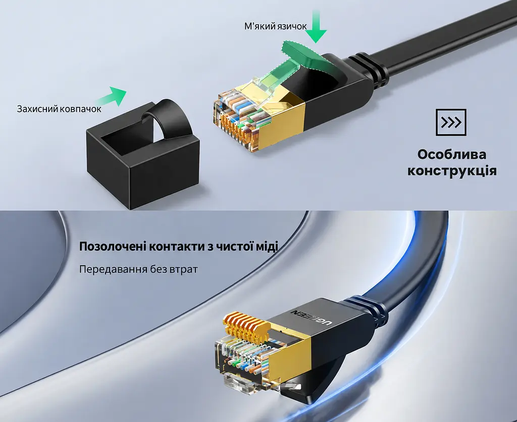 Плаский мережевий Ethernet-шнур UGREEN NW106 5 м товщина 2,1 мм патч-корд LAN-кабель штекери RJ45 на обох кінцях Cat 7 до 10 Гбіт/с 600 МГц сумісний з PoE-обладнанням для прокладання під килимами та вздовж стін 20 настінних кліпс і пилозахисні ковпачки для обох штекерів екранування U/FTP жили з чистої міді чорний (11263) - фото 4