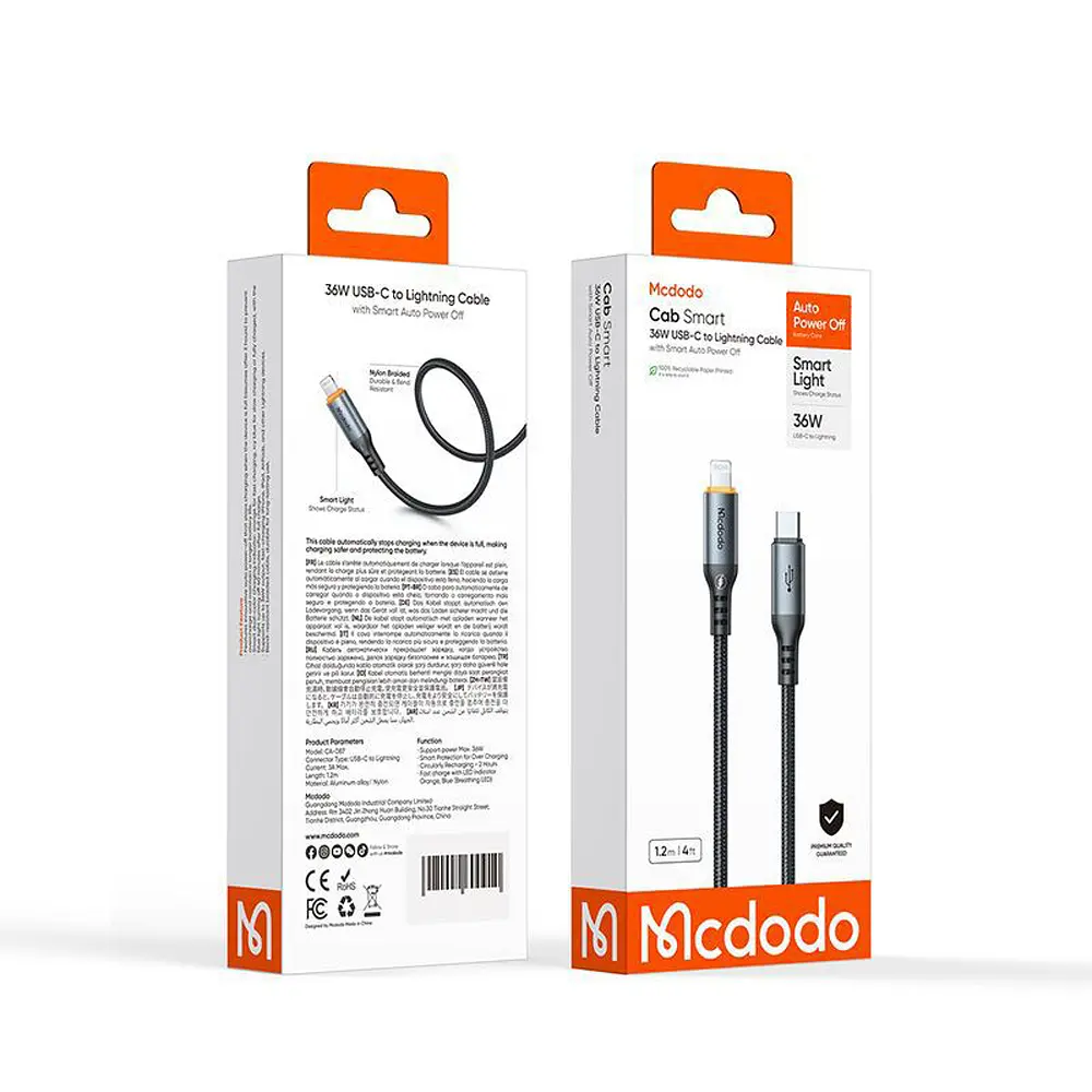 Кабель McDodo 36W USB-C to Lightning Auto Power Off PD Cable 1.2m Black - фото 2