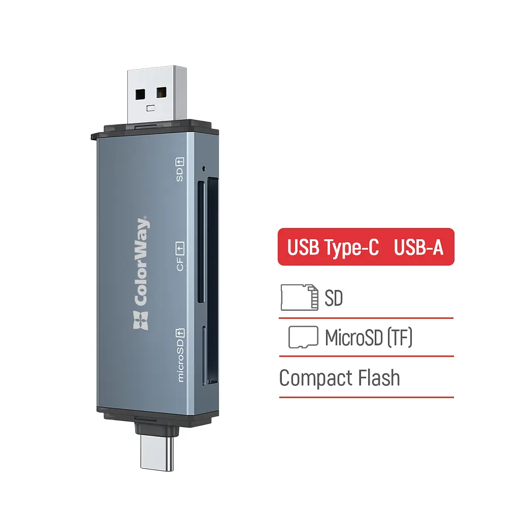 Считыватель флеш-карт ColorWay USB 2.0/USB-C to CF/SD/MicroSD (CW-CR-01) - фото 4