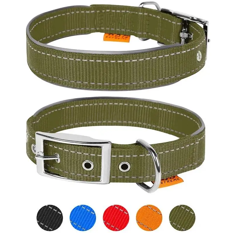 Нашийник для собак Dog Extreme з нейлону подвійний зі світловідбиваючою вставкою ширина 20 мм довжина 30-40 см хакі - фото 2