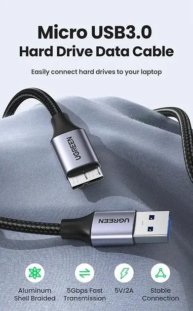 Кабель Ugreen 1м USB 3.0 - Micro USB Type-B 5 Гбіт/с 5V/3A USB 3.0 A на Micro-B для жорских дисків чорний (80793) - фото 2
