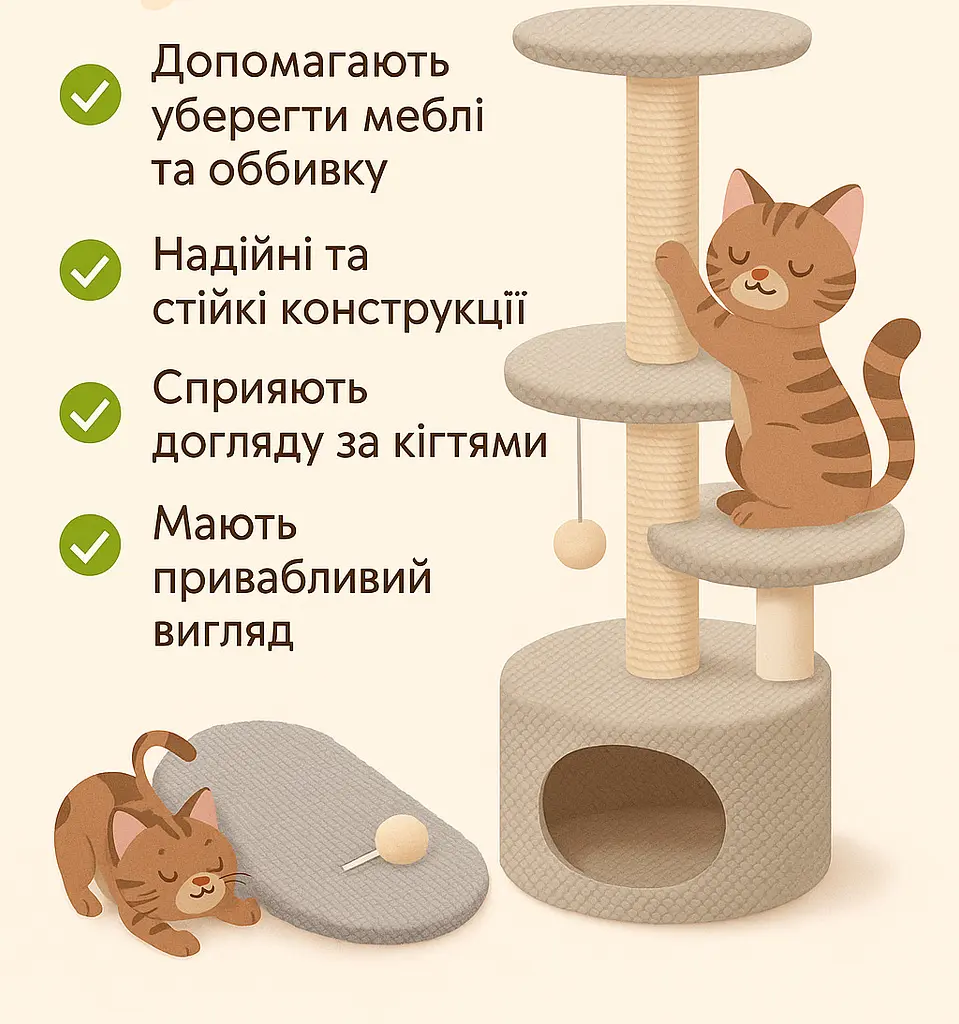 Кігтеточка для котів PolyPet будиночок круглий двоповерховий бежевий 40x106 см КРД/0158-21 - фото 2