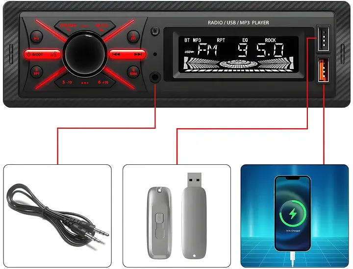 Автомагнитола Carwales 950 с USB и FM-радио для автомобиля Черный - фото 3