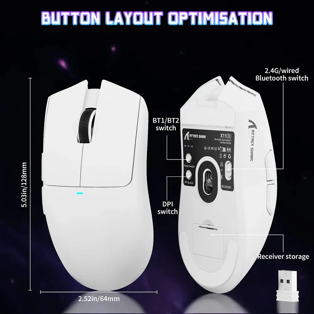 Мишка Attack Shark X11SE, Wireless/Bluetooth, 22000dpi. (PAW3311), 6кн., White - фото 8