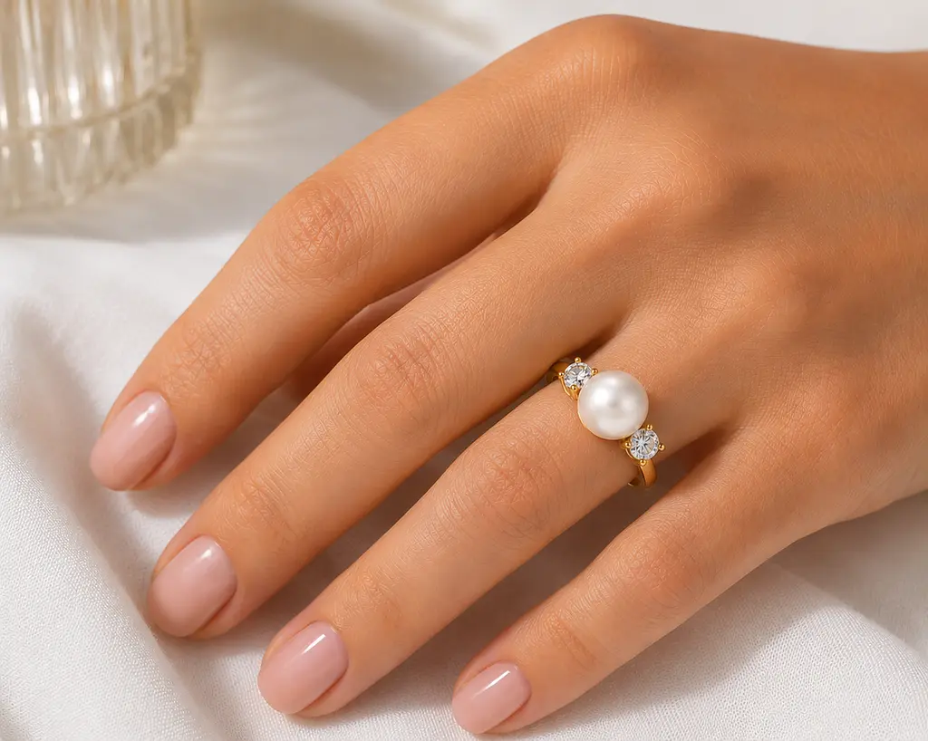 Кільце з білими перлами та муасанітами з червоного золота К-0715 15 - фото 6