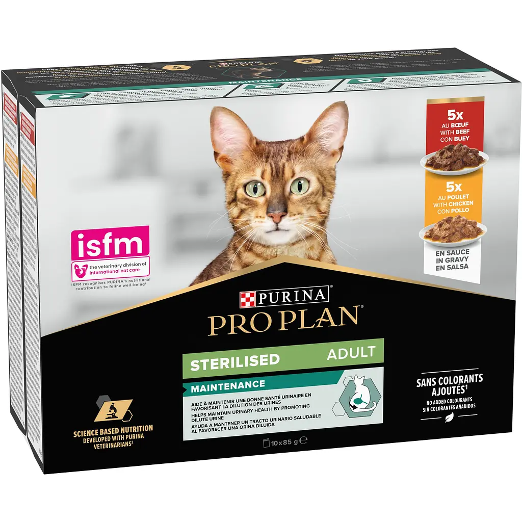 Набір вологого корму для дорослих стерилізованих котів Purina Pro Plan Sterilised шматочки у соусі з яловичиною та куркою 850 г (10 шт. х 85 г) - фото 2
