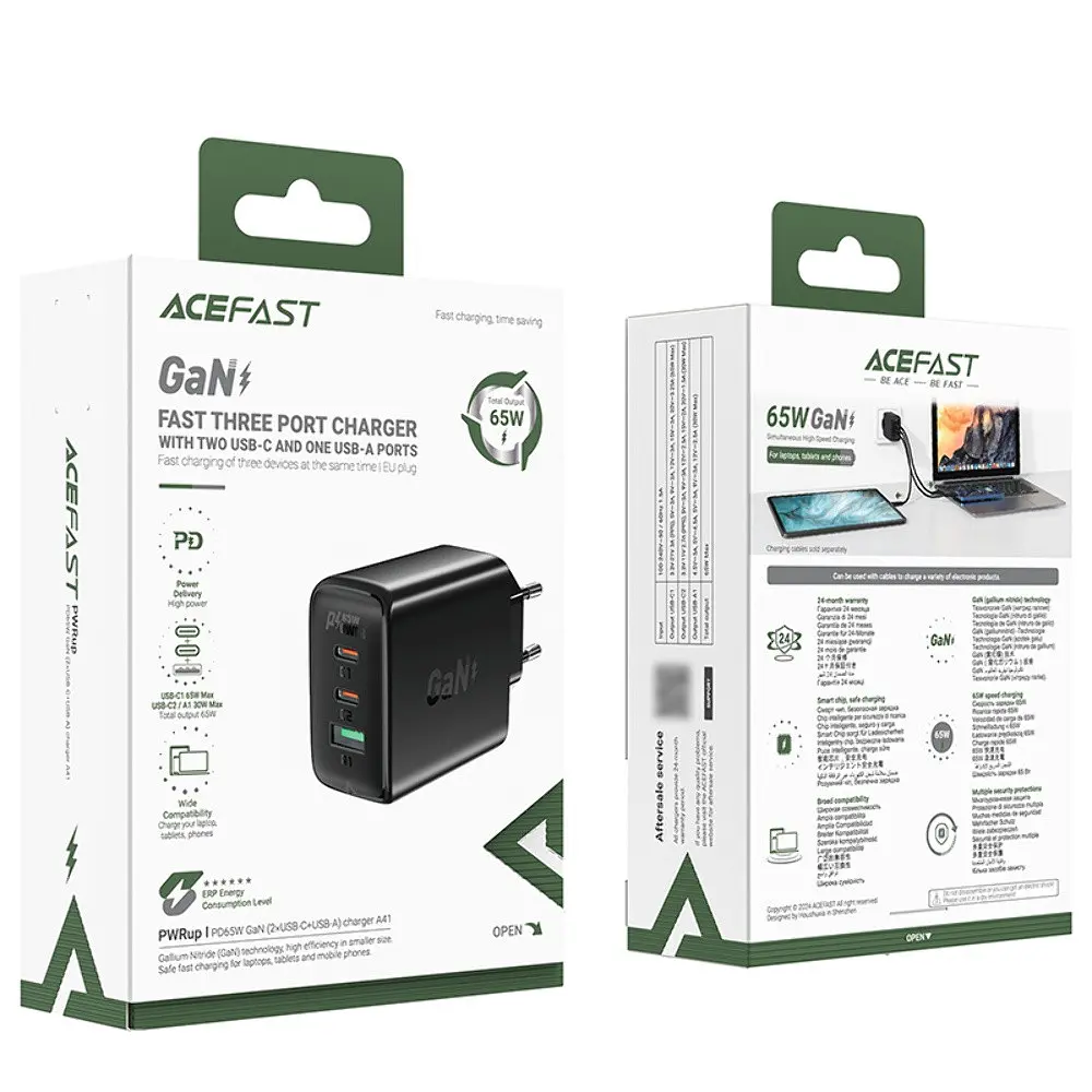 Мережевий зарядний пристрій Acefast A41 USB/2 Type-C QC PD PD65W GaN чорний - фото 6