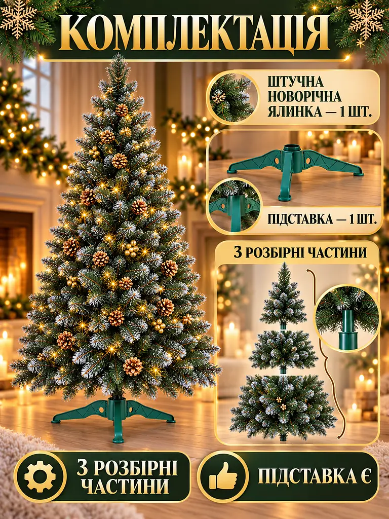 Искусственная елка пушистая со снегом YaLINKA КZ18 с золотыми шишками и жемчугом 180 см, золотая (90887676) - фото 7