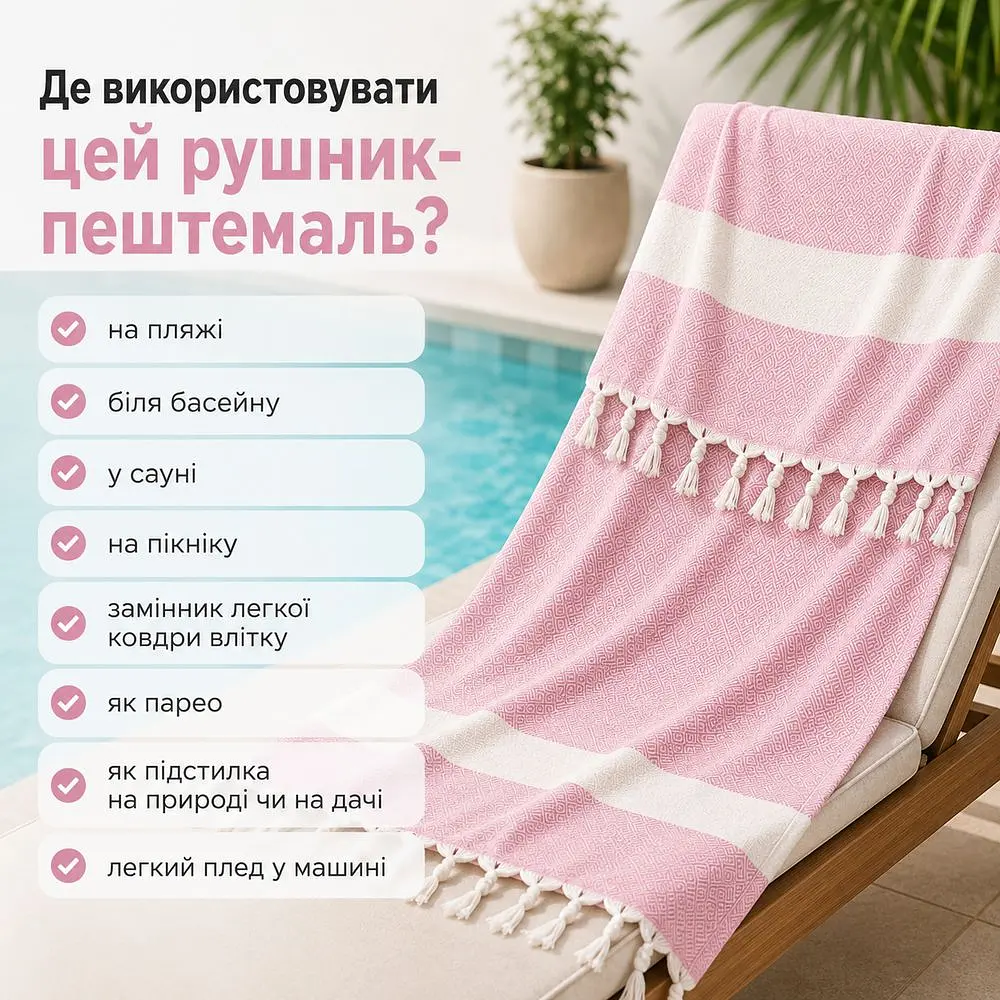 Рушник пештемаль Turkey Towel 100х180 см легкий великий для пляжу басейну бані сауни підстилка на дачу пікнік природу відпустку море ромб рожевий - фото 3