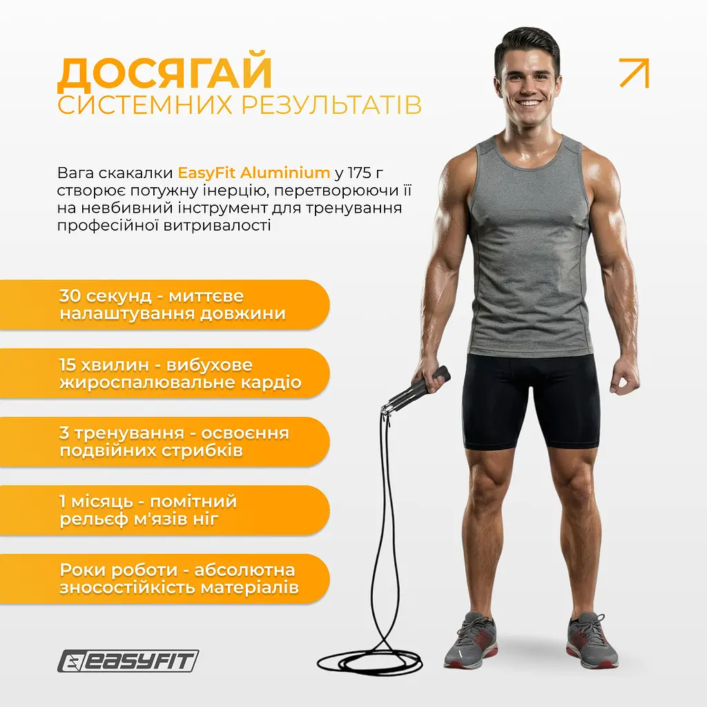Швидкісна скакалка EasyFit Aluminium зі сталевим тросом та алюмінієвими ручками чорна - фото 8