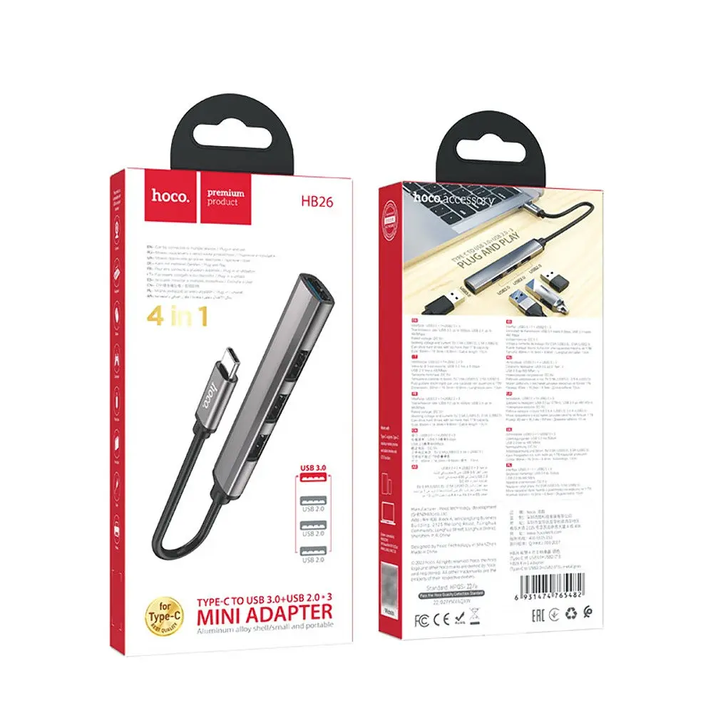Мульти адаптер хаб Hoco HB26 4в1 Type-C to USB 3.0 F/ 3 USB 2.0 F 0.13 м темно-сріблястий - фото 4