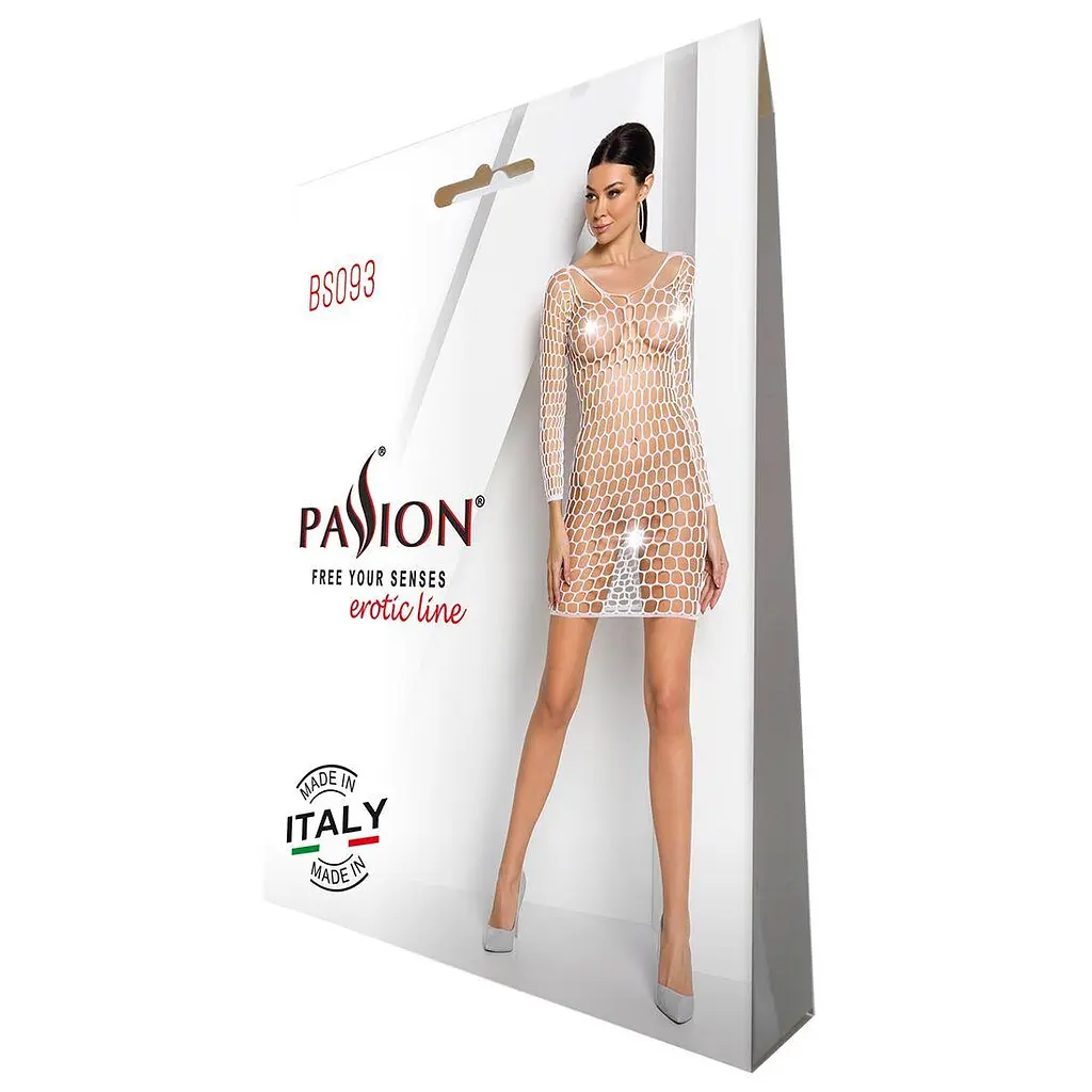 Бодістокінг-сукня з глибоким коміром Passion BS093 white довгі рукави One size - фото 4