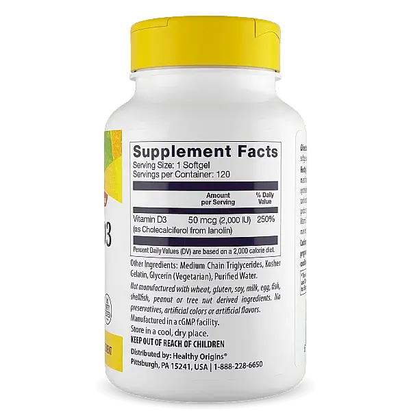 Витамин Д3 Healthy Origins Vitamin D3 in MCT Oil 2000 МЕ 120 гелевых капсул - фото 2