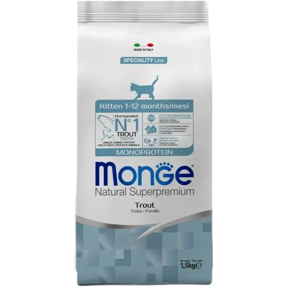 Сухий монопротеїновий корм для стерилізованих кішок Monge Natural Superpremium Monoprotein Sterilised із фореллю 1.5 кг