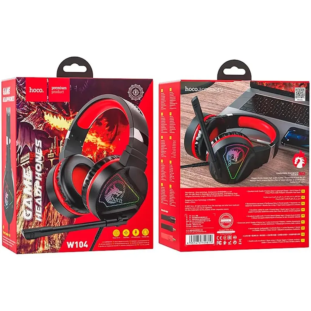 Игровые проводные наушники Hoco W104 Drift, USB, 3.5mm, 2m, Красный - фото 4