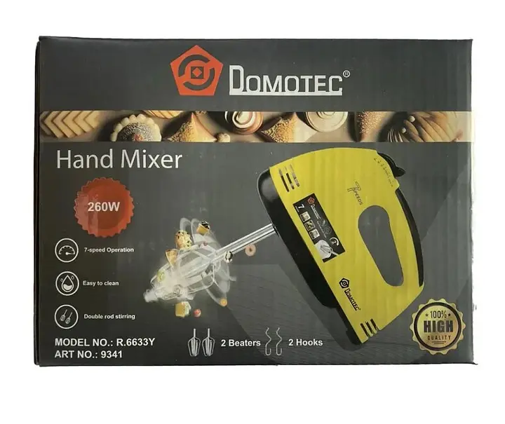 Міксер ручний електричний  Domotec BT-6633 потужність  260 Вт Вт  4 насадки у комлекті  7 швидкостей Жовтий - фото 7