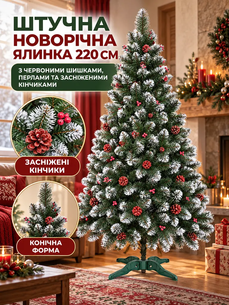 Штучна ялинка YaLINKA КK22 Адель 220 см із червоними шишками, перлами та засніженими кінчиками, зелена (49676508) - фото 2