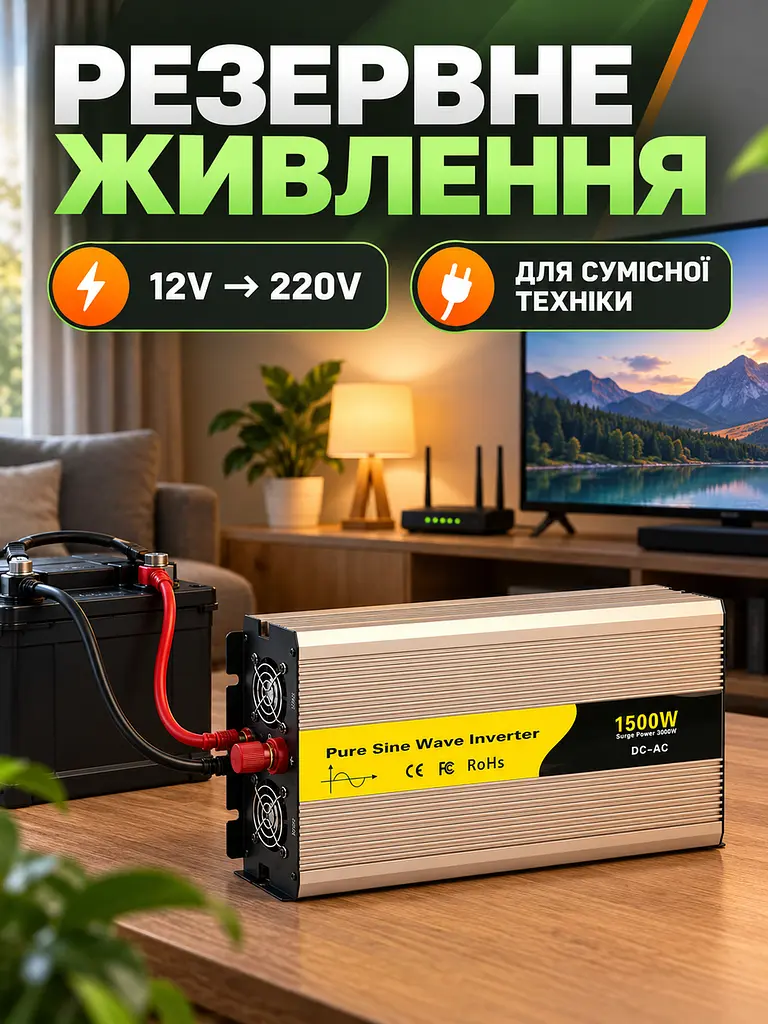 Інвертор 12V–220V 1500 Вт чиста синусоїда із зарядкою 15 А та ДБЖ, золотистий (49676446) - фото 8