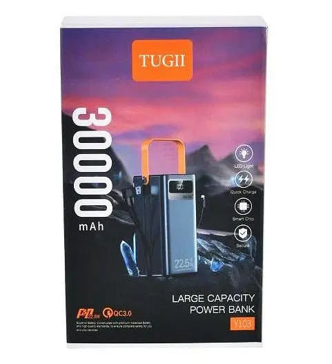 Зовнішній акумулятор Power Bank TUGII Y103 30000 mAh повербанк швидка зарядка LED-дисплей ліхтарик Чорний - фото 7