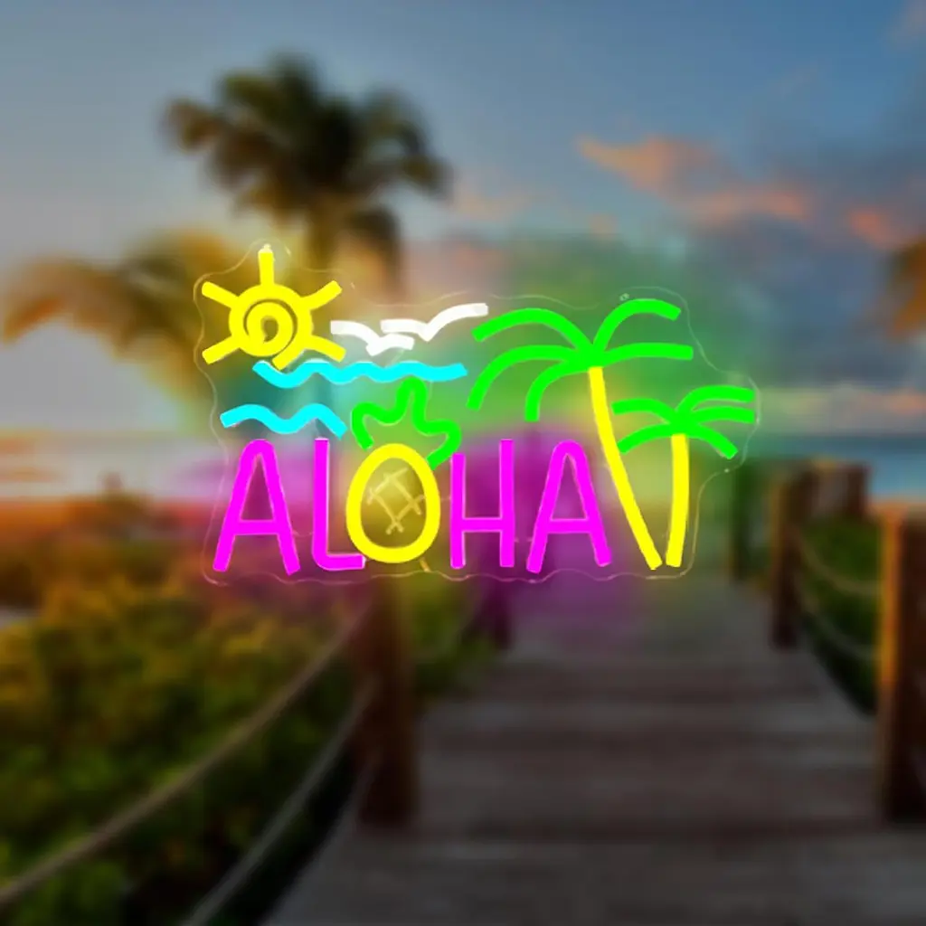 Неоновая вывеска Aloha Palm Tree Vveikea для украшения стен, Гавайский тропический дизайн, Aloha, LED, солнце, океан, волна - фото 2