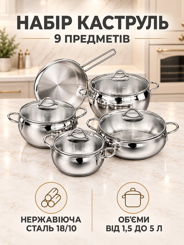 Набір каструль 9 предметів із нержавіючої сталі 18/10 для приготування їжі сталевий (37261103) - фото 2
