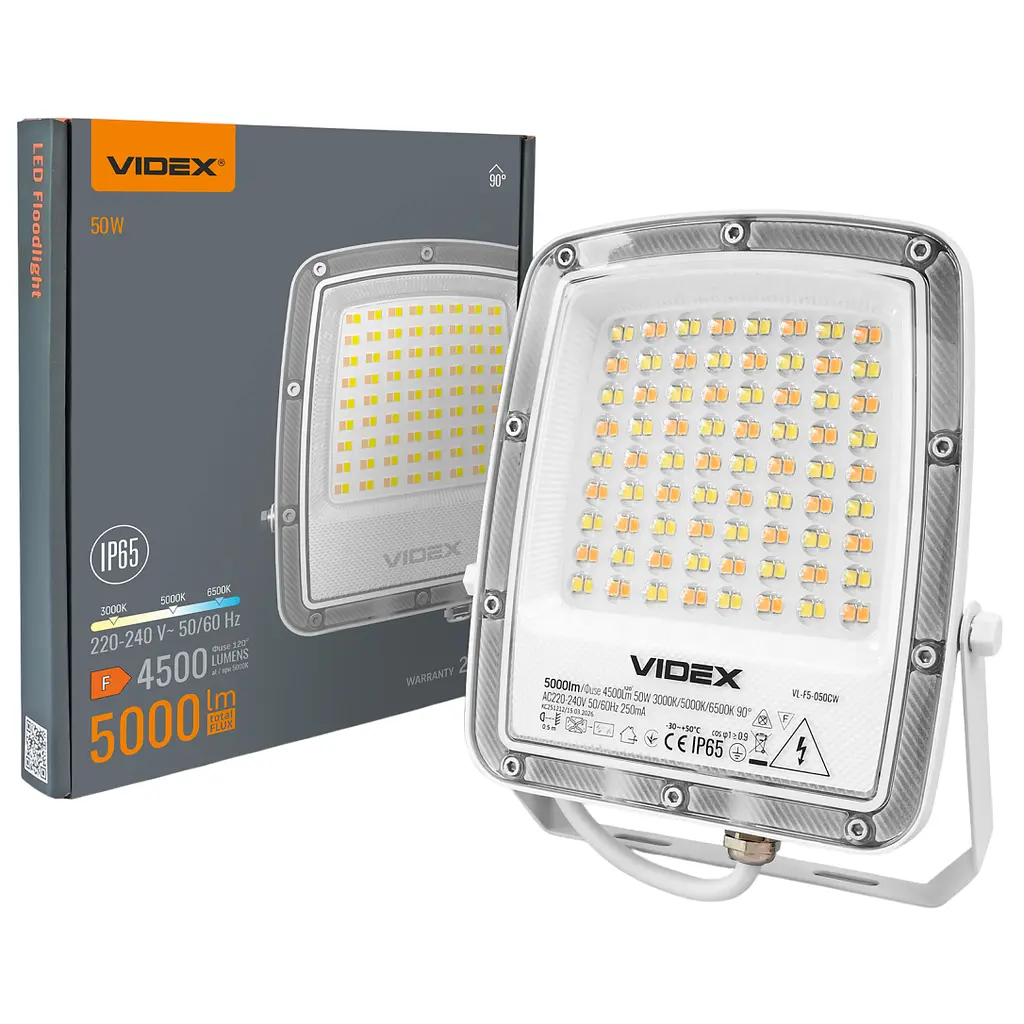 LED прожектор Videx F5 50W 3000-5000-6500K 230V білий (VL-F5-050CW)