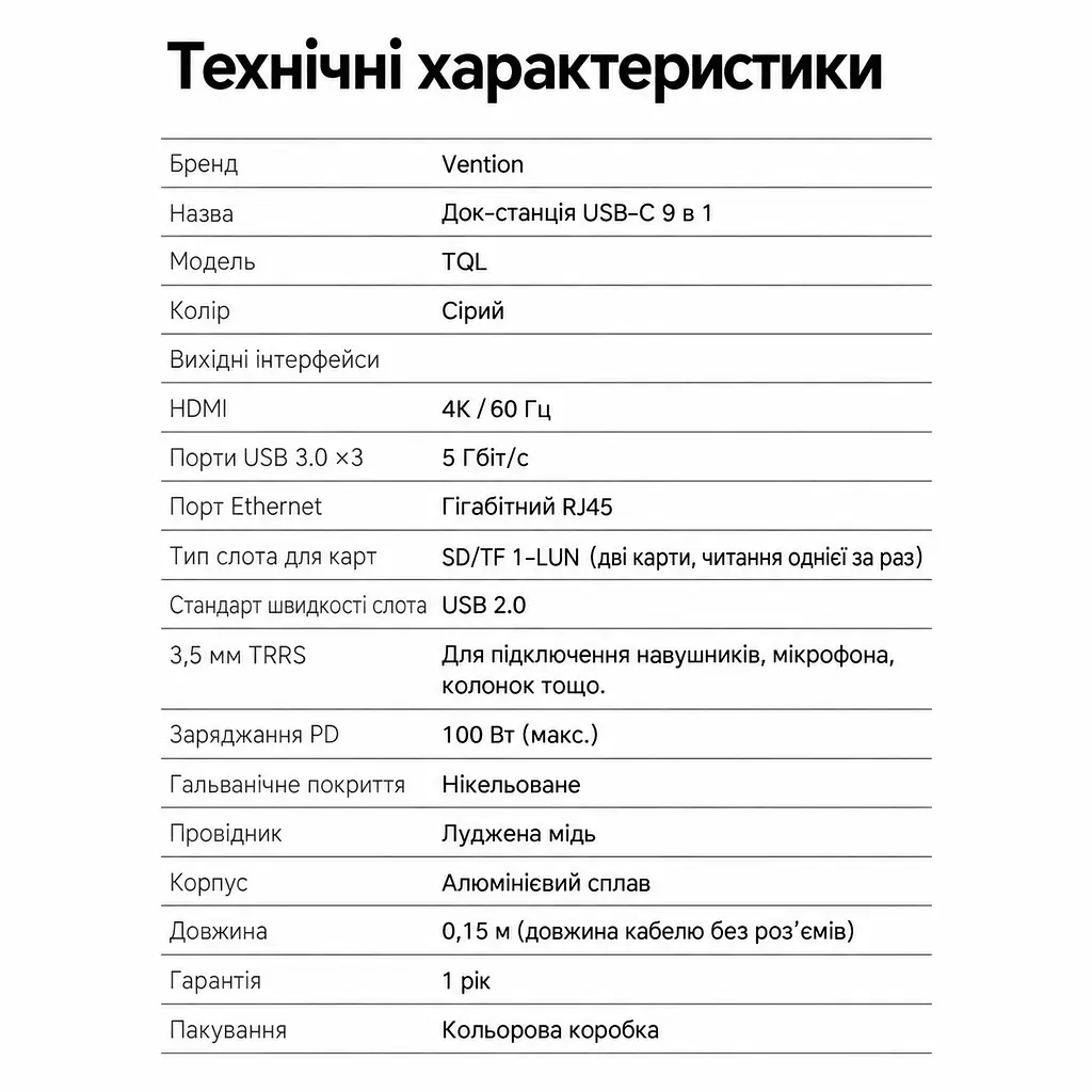Док-станція USB-C 9-в-1 Vention HDMI до 4K 60 Гц 3 USB-A 3.0 для даних до 5 Гбіт/с Gigabit Ethernet RJ45 до 1000 Мбіт/с SD/microSD (TF) читання/запис лише однієї картки за раз комбінований аудіороз’єм 3,5 мм TRRS для OMTP/CTIA заряджання пристрою PD до 100 Вт із зовнішнім живленням через вхід PD HDMI потребує USB-C з DisplayPort Alt Mode сумісність із Thunderbolt 3/4 вбудований кабель USB-C 0,15 м сірий (TQLHB) - фото 3