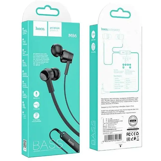Наушники Hoco M86 Oceanic universal earphones with mic с плоским кабелем черные - фото 4