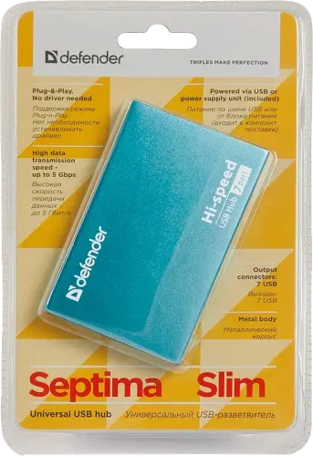 Хаб USB Defender Septima Slim, Cyan, USB 2.0 - 7xUSB 2.0, кабель 93 см, блок живлення (83505) - фото 5