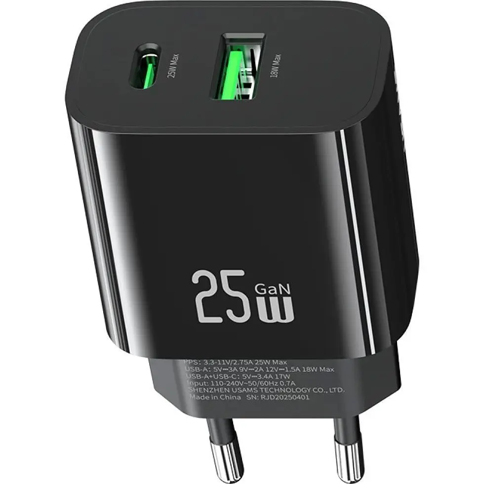 Сетевое зарядное устройство Usams T65 US-CC315 25W Black (CC315TC01) [164374] - фото 3