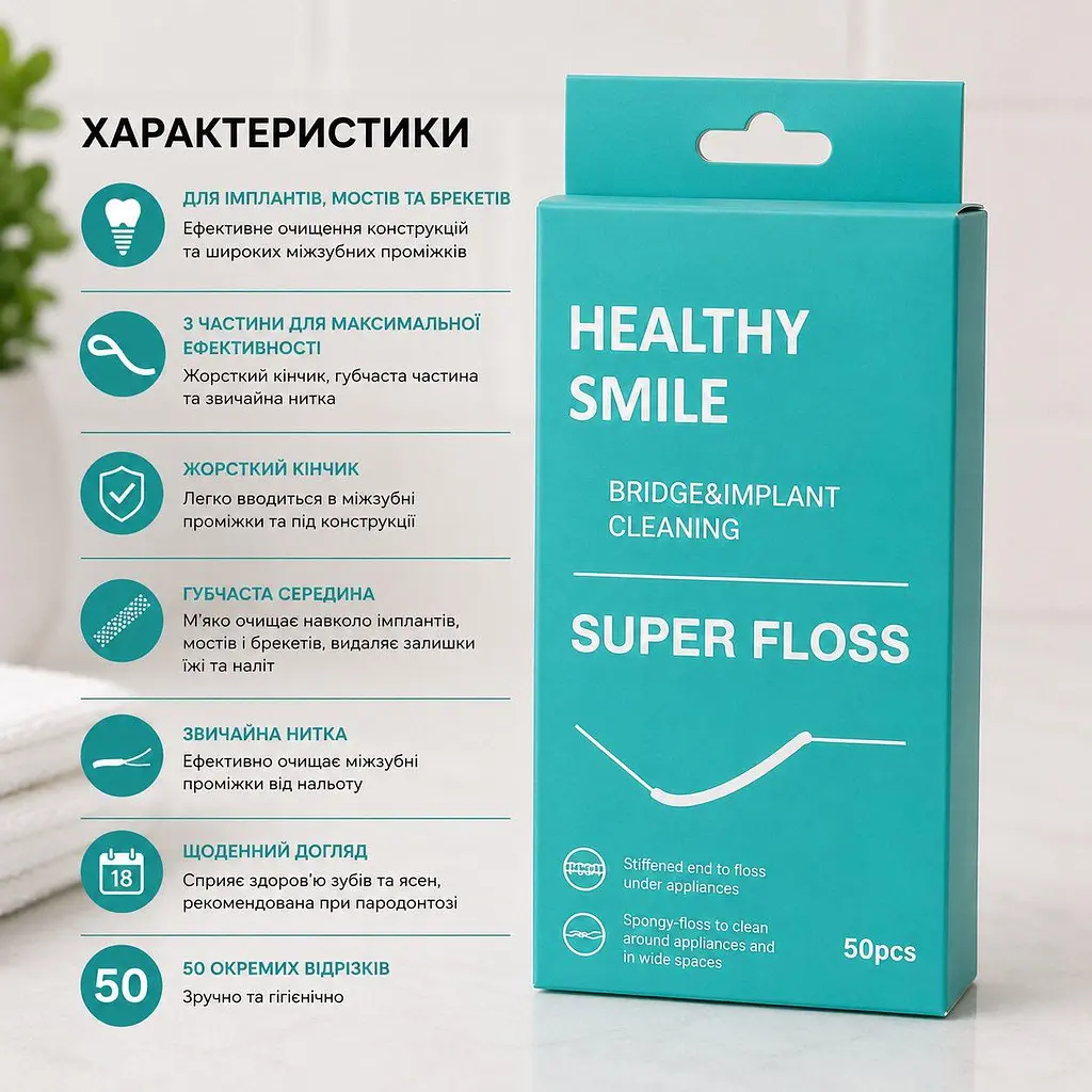 Зубна нитка Healthy Smile Суперфлос для чищення брекетів, мостів та імплантів, 50 шт - фото 5