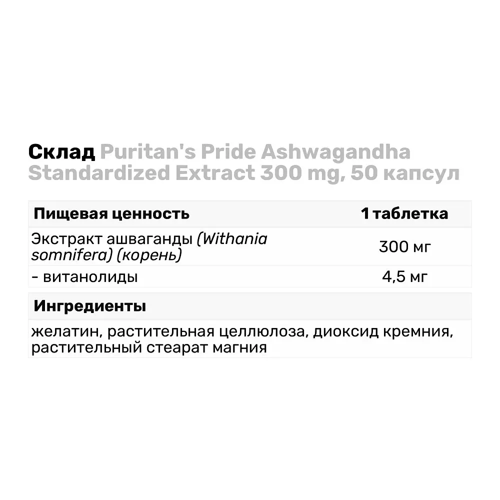 Натуральная добавка Puritan's Pride Ashwagandha Standardized Extract 300 mg, 50 капсул - фото 3