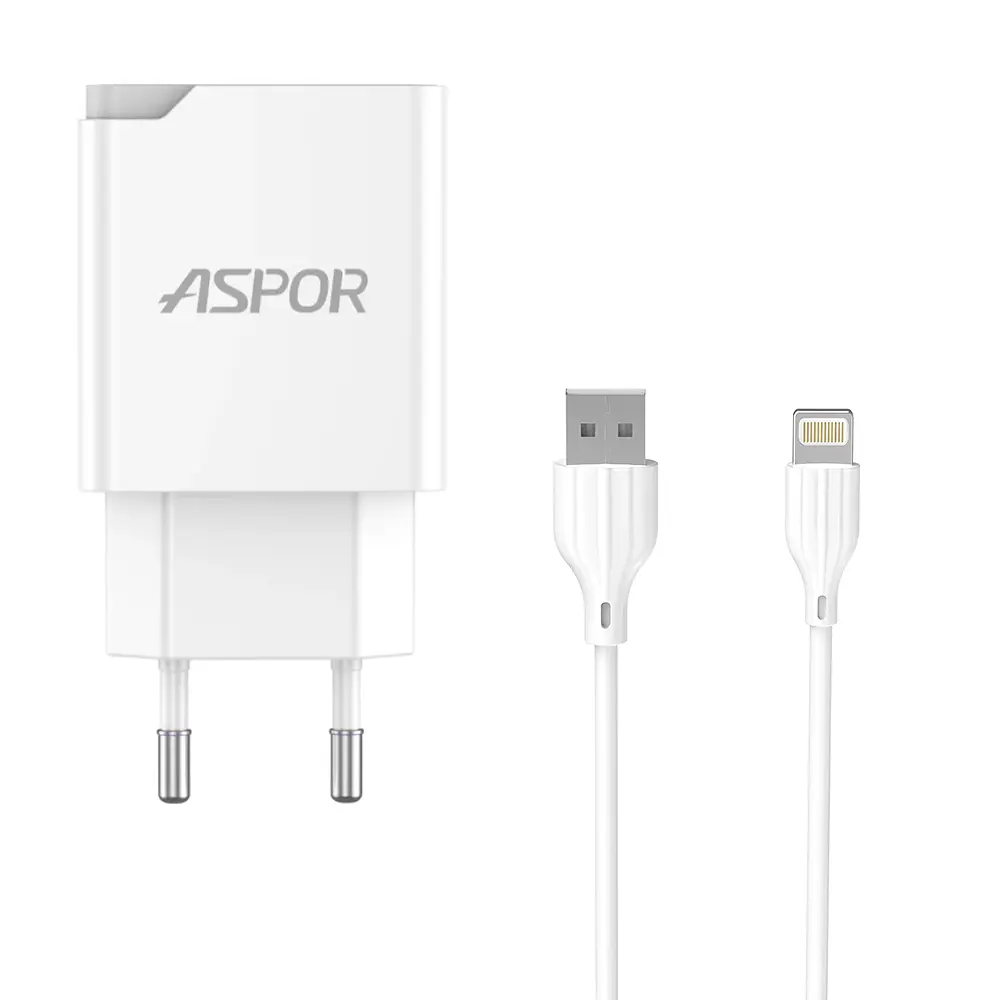 Мережевий зарядний пристрій Aspor A827 IQ (USB/2.4A) + кабель USB – Lightning- білий - фото 2