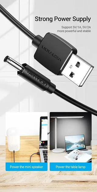 Кабель Vention 1м DC 3.5мм - USB 5V 2A для ламп, вентиляторів, USB хабів та ін. USB Type A на 3.5мм х 1.35мм - фото 5