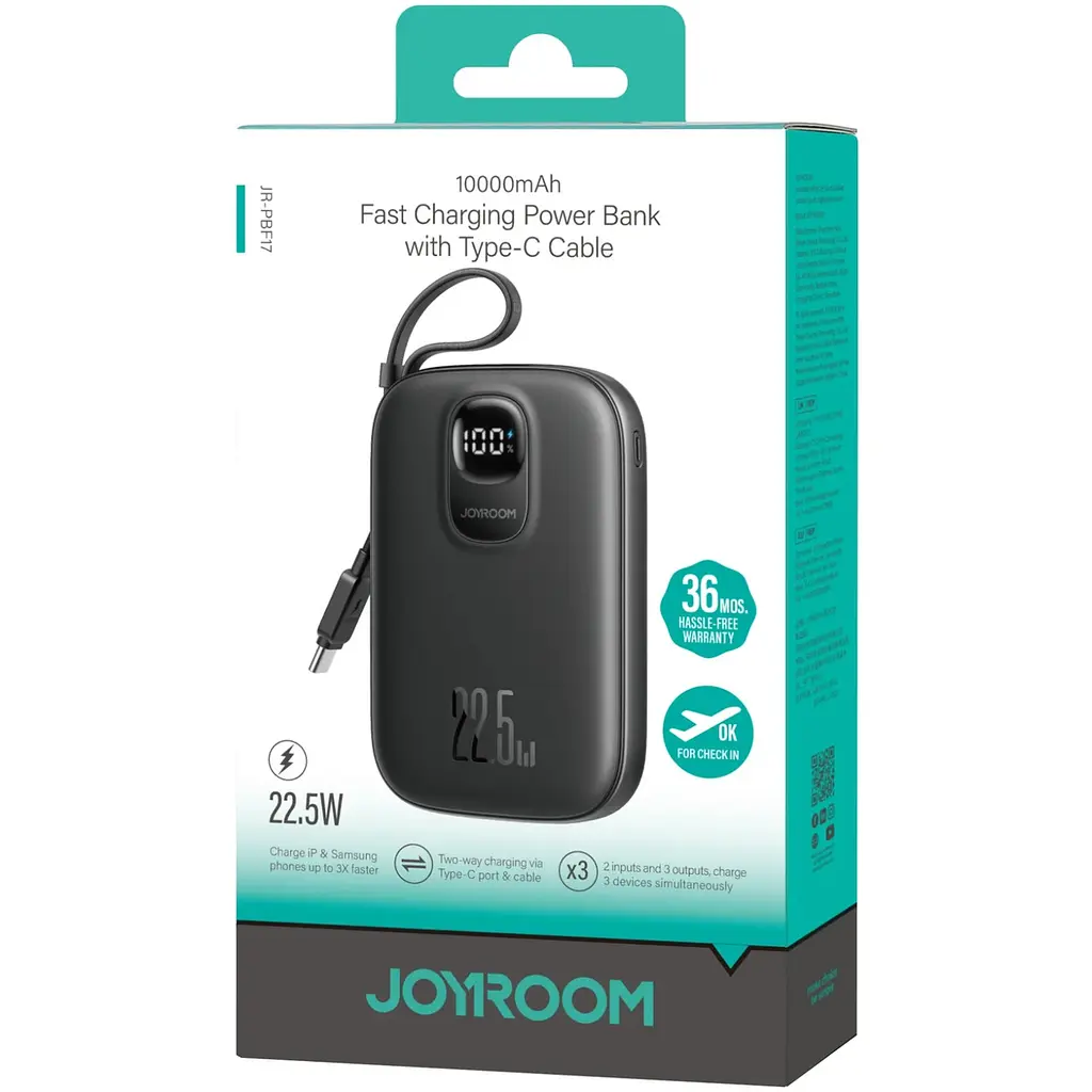 Універсальна мобільна батарея Joyroom 10000mAh 22,5W PD, QC, USB-A, USB-C За допомогою USB-C cable Чорний - фото 2