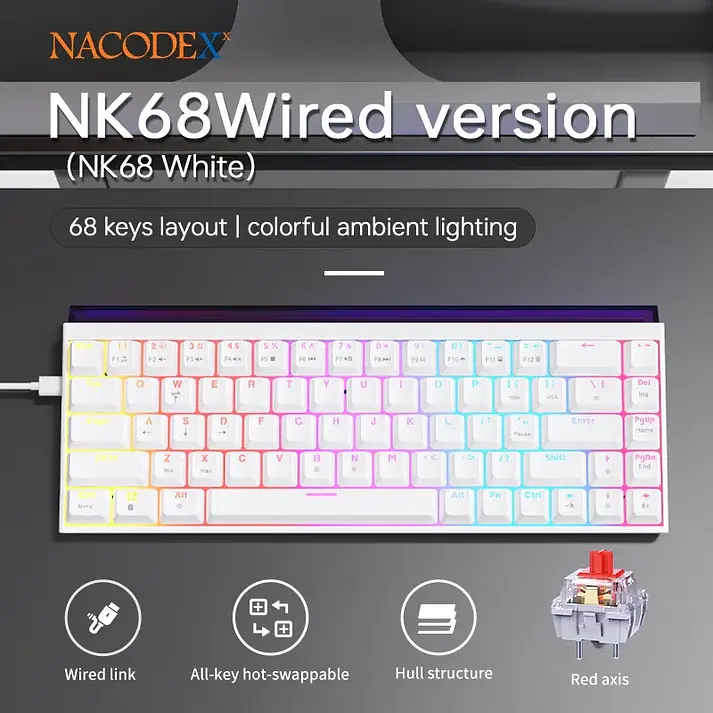 Игровая механическая проводная клавиатура Ajazz NK68 / Red Switch / 65% / RGB / White - фото 4