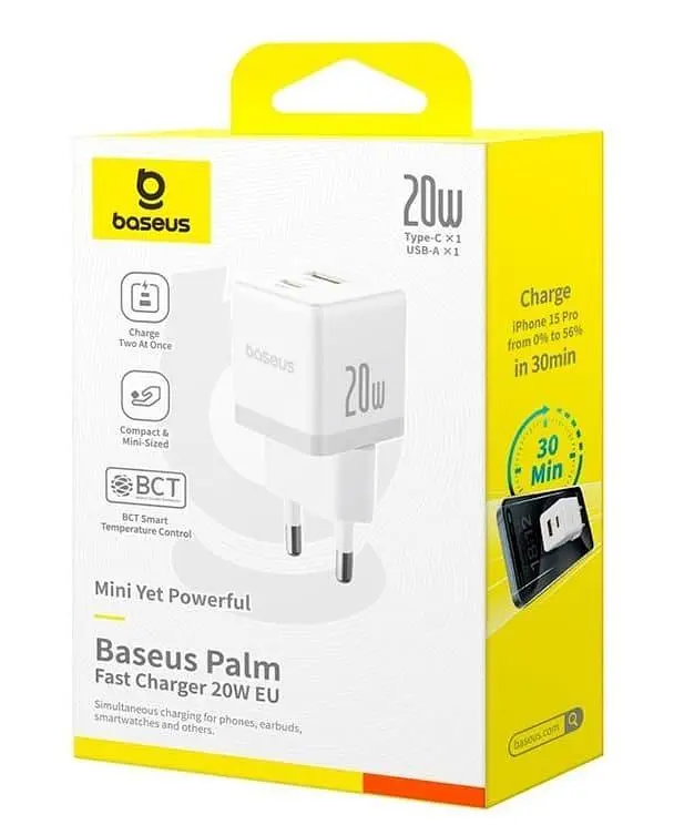 Зарядний пристрій Baseus Palm Fast Charger Type-C+USB 20W white (P10111608213-00) - фото 5